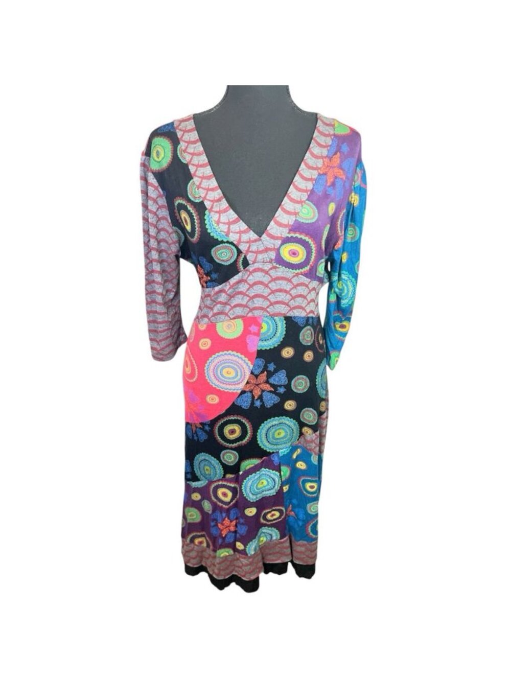 Pura Vida Funky V Neck Midi Dress Sz L Eclectic Artsy Patchwork Geometric Floral